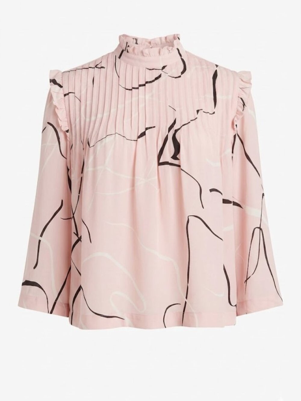 Womens XS Pink Abstract Blouse Pleated Ruffle Mock Neck Coquette Romantic Career